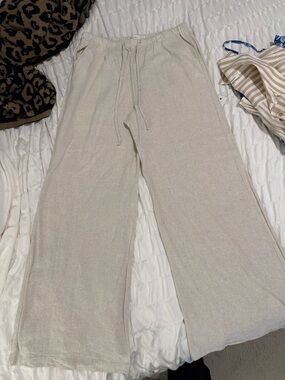Wide Leg Linen-Blend Pants in Light Beige